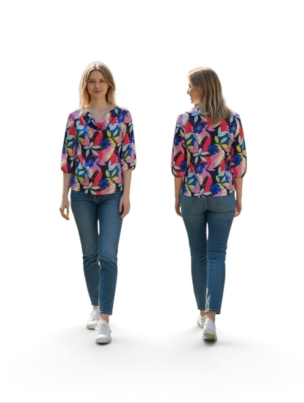 IMAN Pink Multicolor Floral Draped Neck Blouse